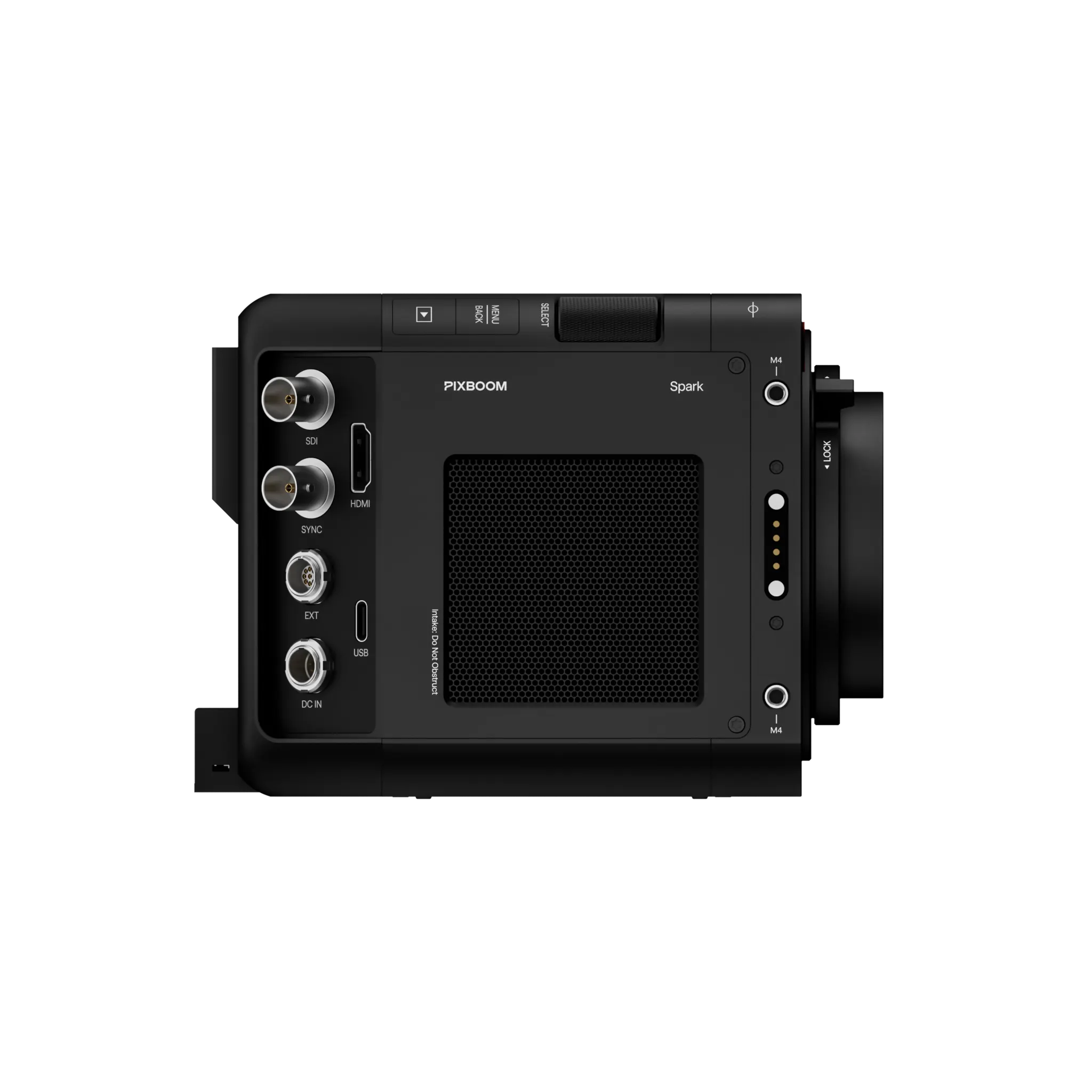 The Spark camera’s connector panel with SDI, sync, HDMI, EXT, USB and DC-in ports