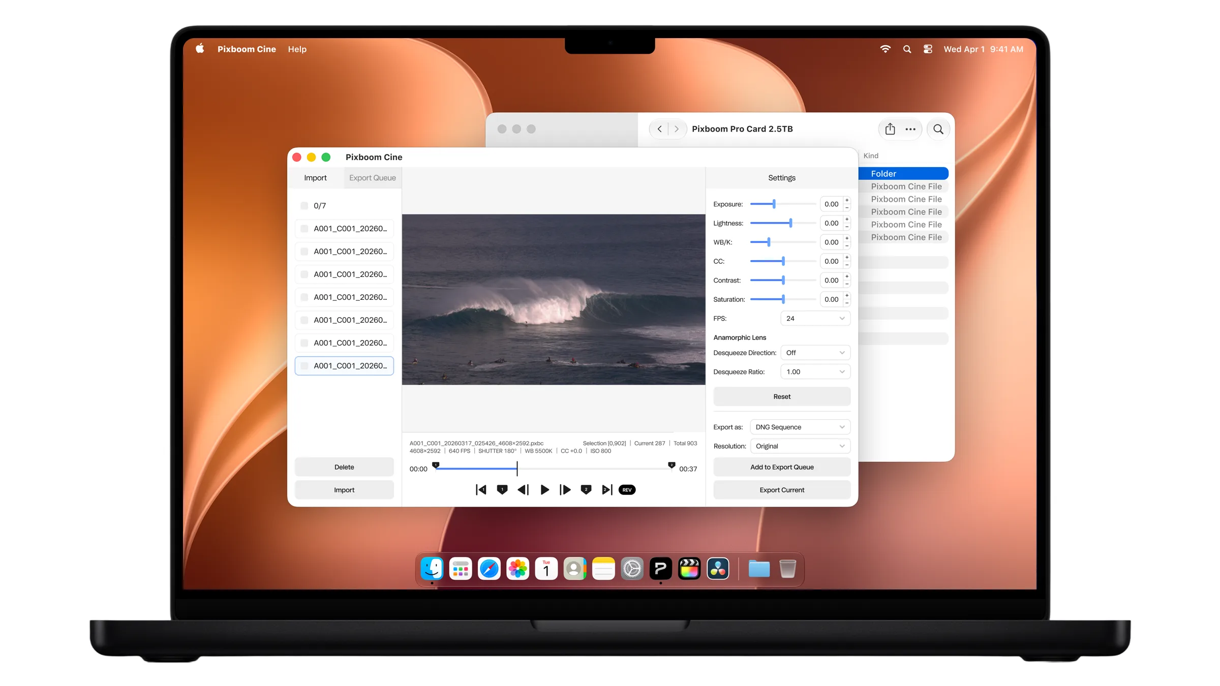 A MacBook running Pixboom Cine, with a clip list, video preview and the grading and export panels open
