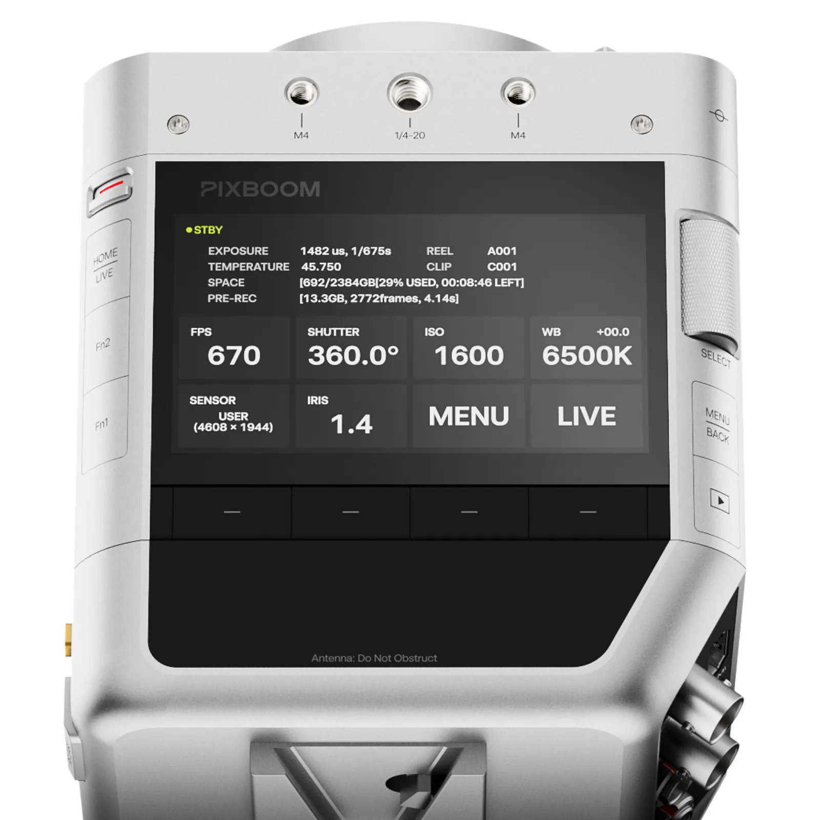 The Spark camera’s rear touchscreen showing Pixboom OS in standby, with frame rate, shutter angle, ISO and white balance tiles alongside the physical buttons