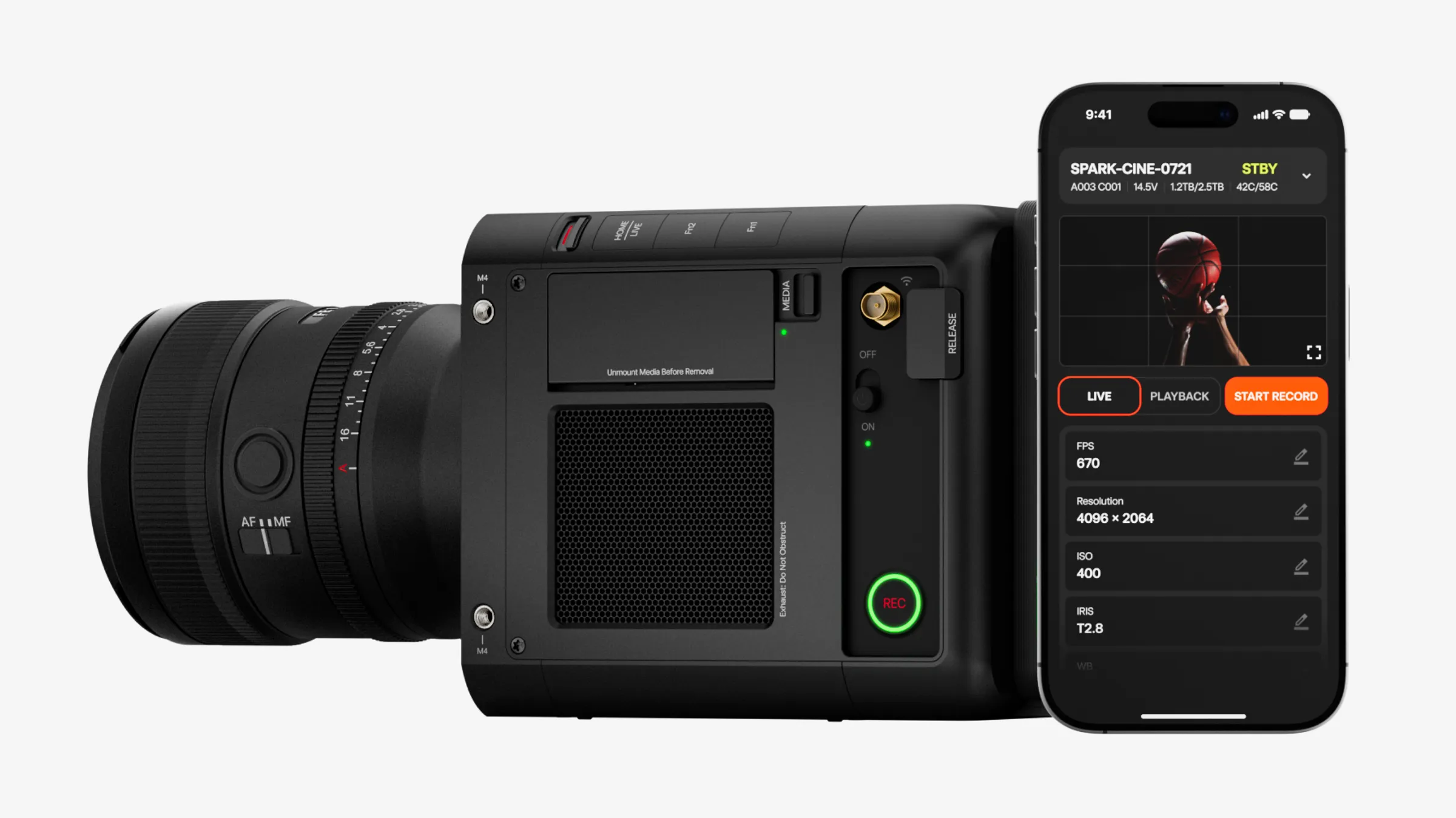 A Spark camera beside an iPhone running the Spark app, showing a live preview with frame rate, resolution, ISO and iris controls