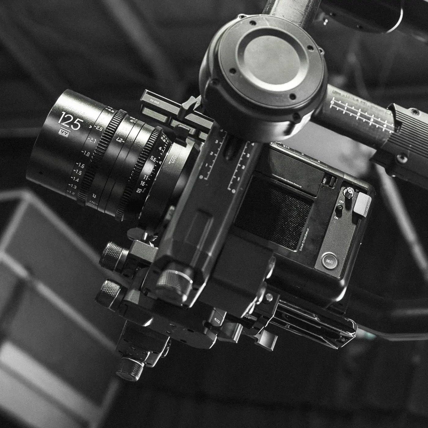 A Spark camera on a gimbal head with a cine lens