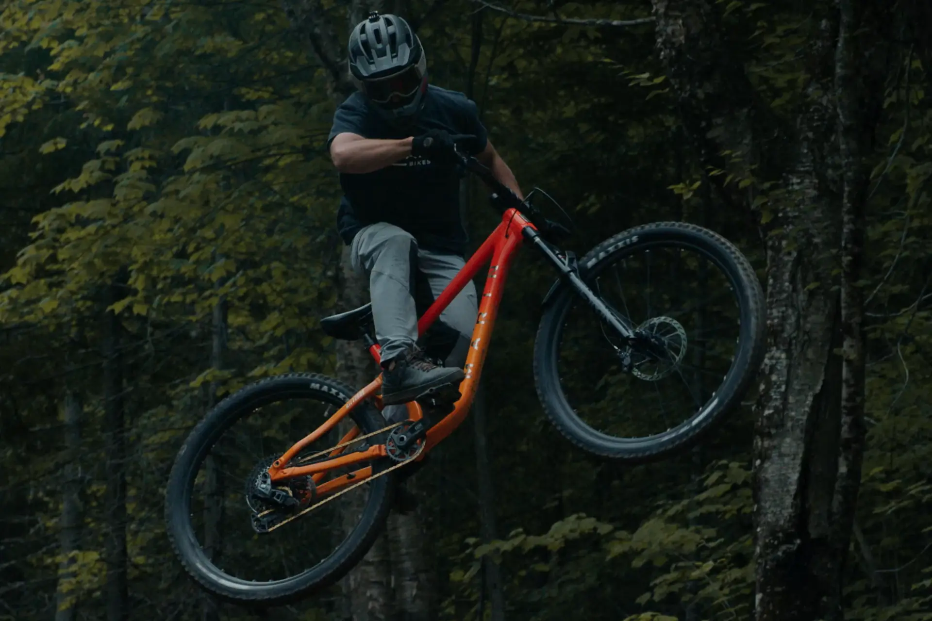 A mountain biker mid-jump on a forest trail, used to show which part of the frame each ROI setting keeps