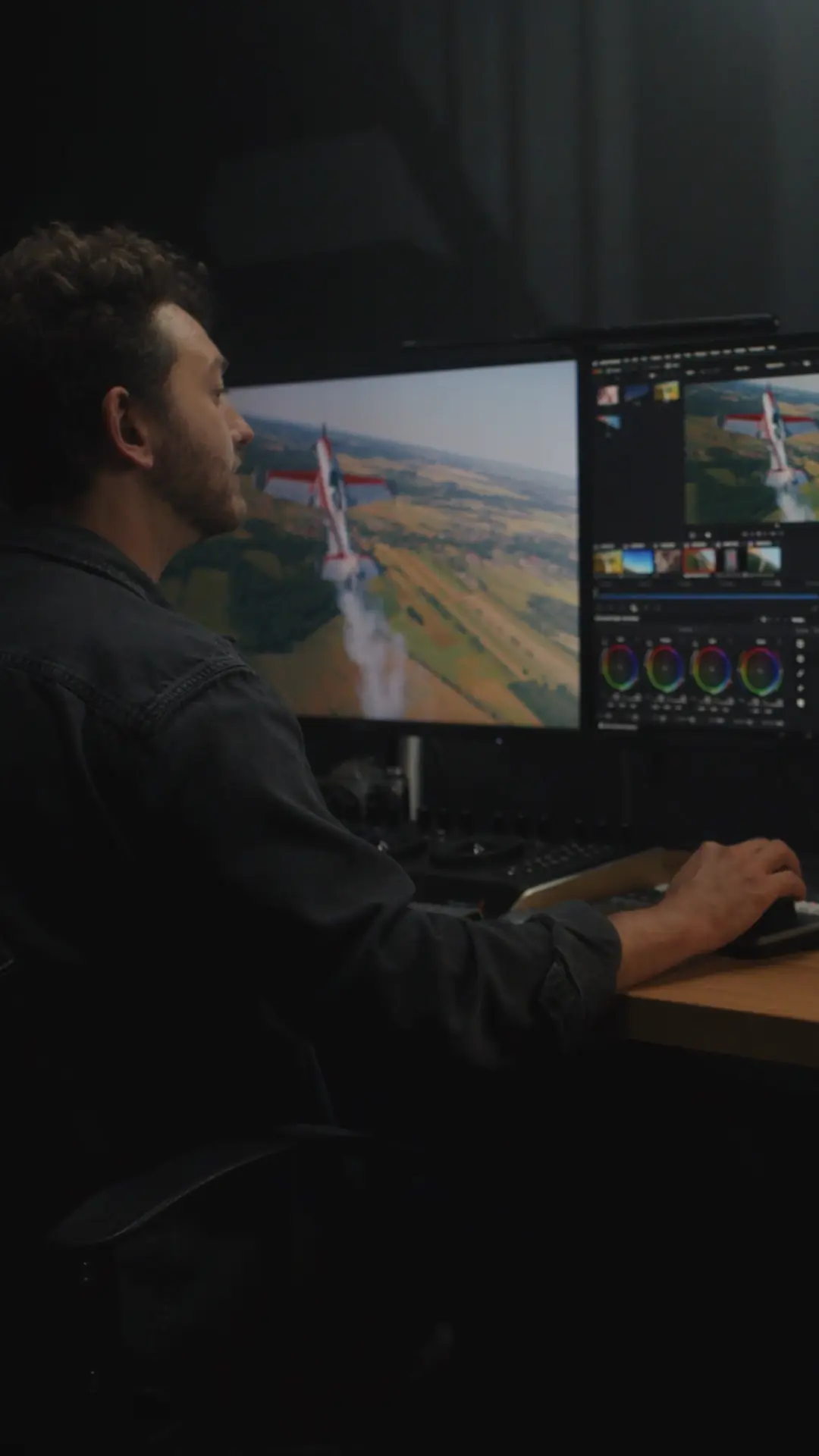 A filmmaker reviewing Spark footage on a colour-grading timeline at a studio desk
